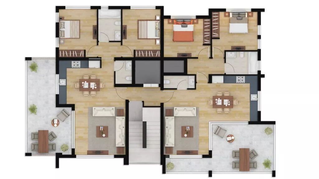 2D Color Floor Plan Rendering with Texture and Furniture