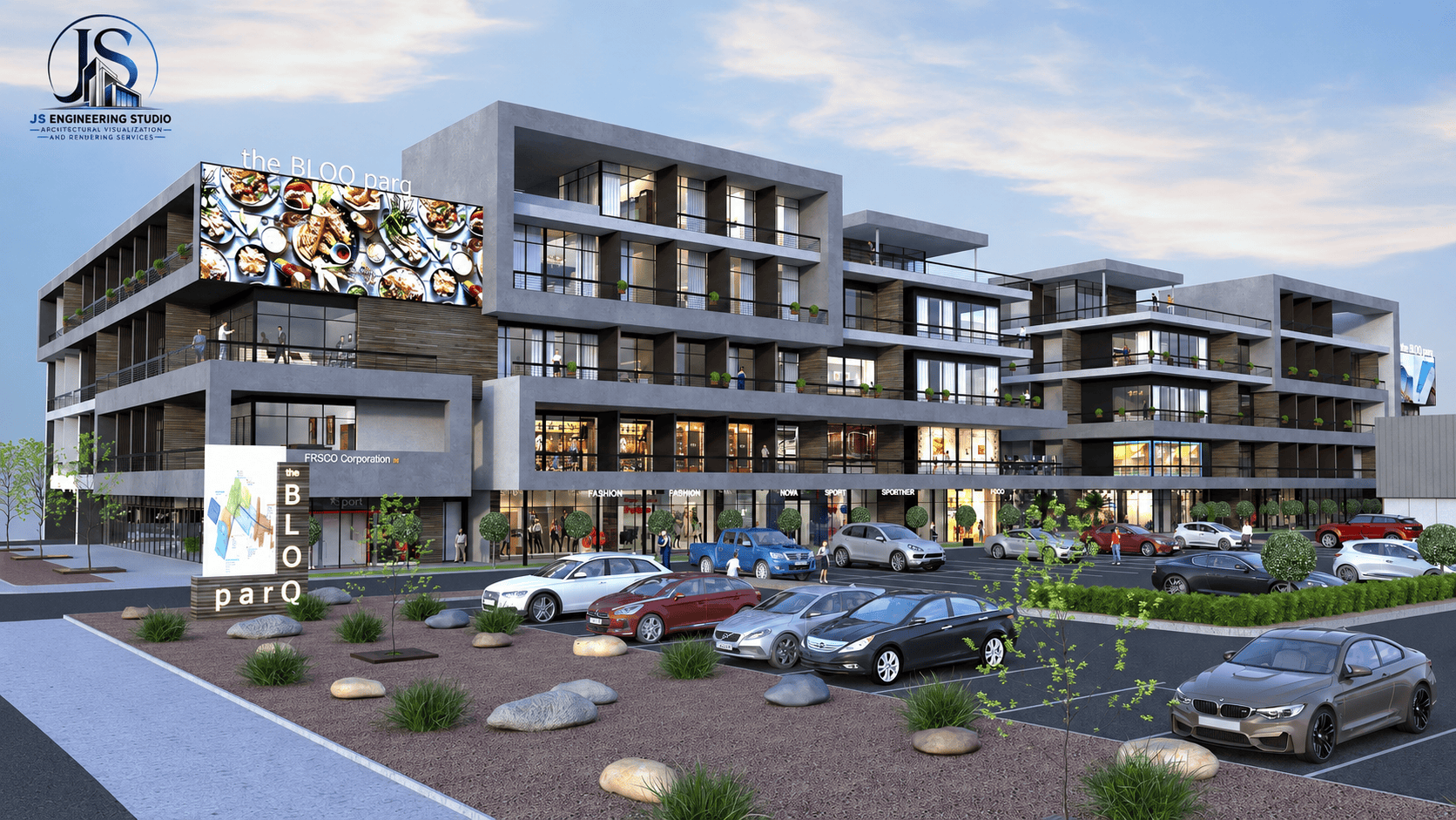 Photorealistic Commercial Mall 3D Rendering in Houston Texas showcasing modern retail architecture, commercial architectural rendering, and 3D exterior rendering by JS Engineering Studio.
