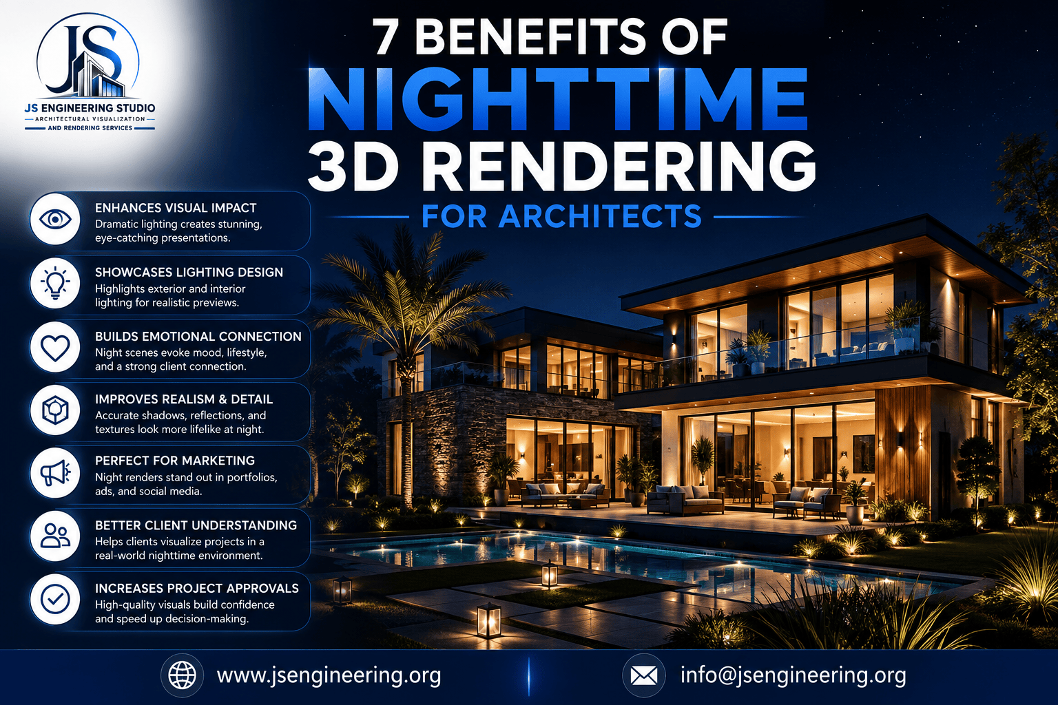 Nighttime 3D rendering benefits showcase