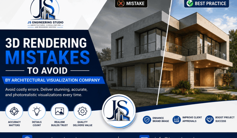 Common architectural visualization mistakes and 3D rendering best practices guide by JS Engineering Studio for improving photorealistic rendering quality and project success.