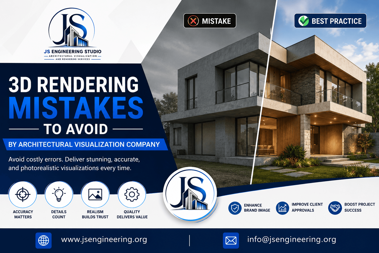 Common architectural visualization mistakes and 3D rendering best practices guide by JS Engineering Studio for improving photorealistic rendering quality and project success.