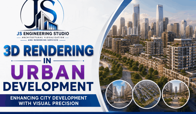 Photorealistic 3D rendering for urban development featuring smart city visualization, city planning, and urban architecture by JS Engineering Studio