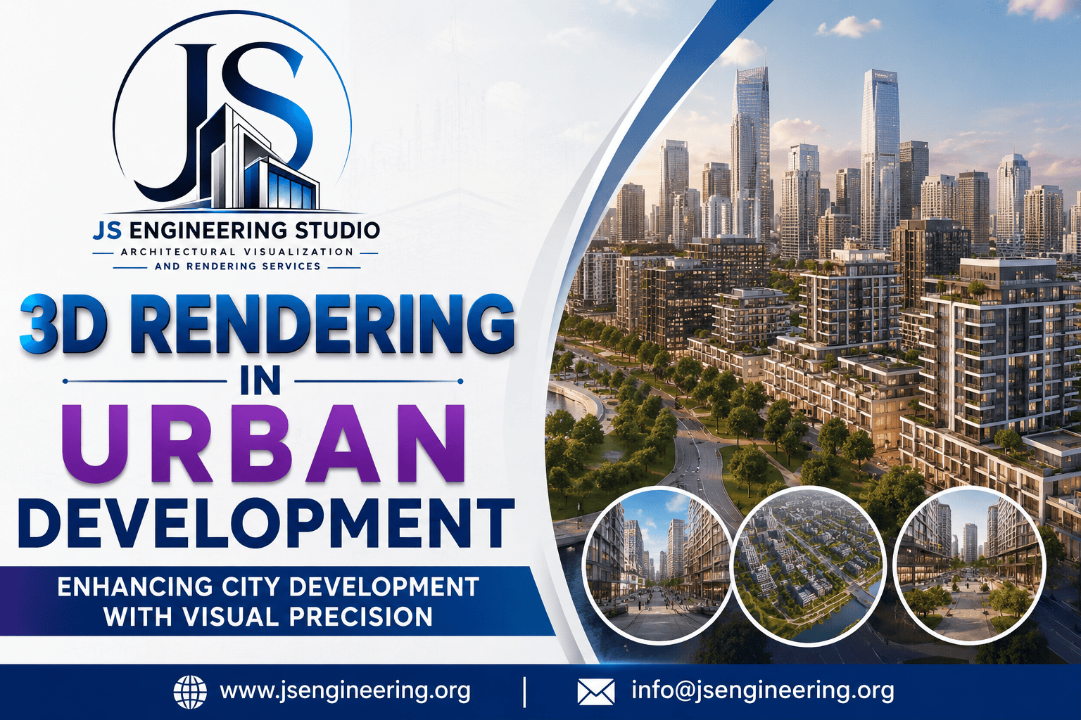 Photorealistic 3D rendering for urban development featuring smart city visualization, city planning, and urban architecture by JS Engineering Studio
