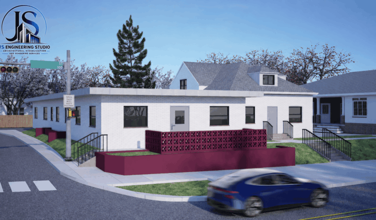Photorealistic exterior architectural rendering of a modern apartment building in Indianapolis, Indiana by JS Engineering Studio. Exterior Architectural Rendering for Apartment Building in Indianapolis, Indiana