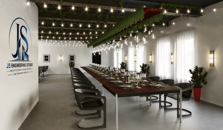 Commercial Interior Rendering | Event Hall Visualization Warren, Michigan Photorealistic commercial event hall interior rendering with architectural branding in Warren, Michigan by JS Engineering Studio