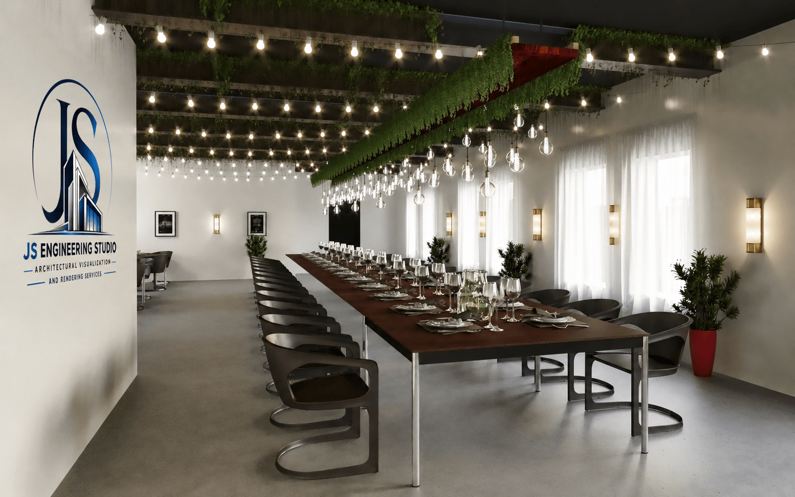 Photorealistic commercial event hall interior rendering with architectural branding in Warren, Michigan by JS Engineering Studio