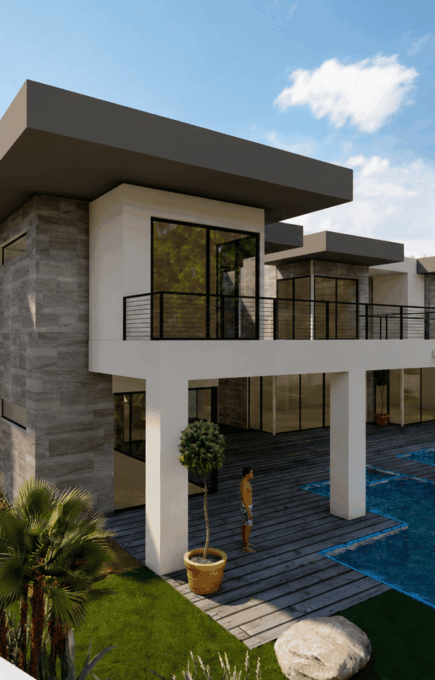 Modern House Exterior Rendering showcasing contemporary architecture, premium materials, landscaping, and photorealistic visualization by JS Engineering Studio.