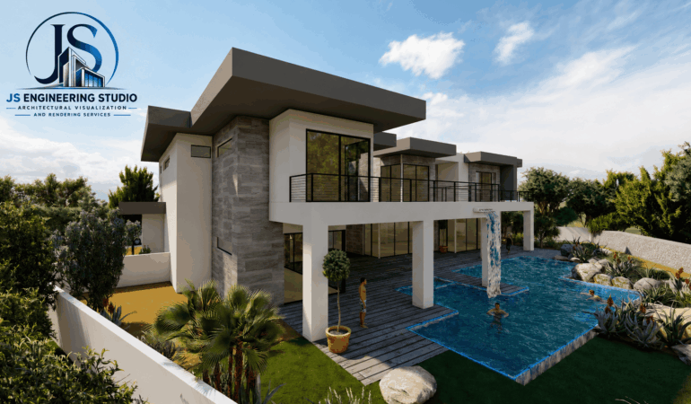 House Exterior Rendering Modern House Exterior Rendering showcasing contemporary architecture, premium materials, landscaping, and photorealistic visualization by JS Engineering Studio.