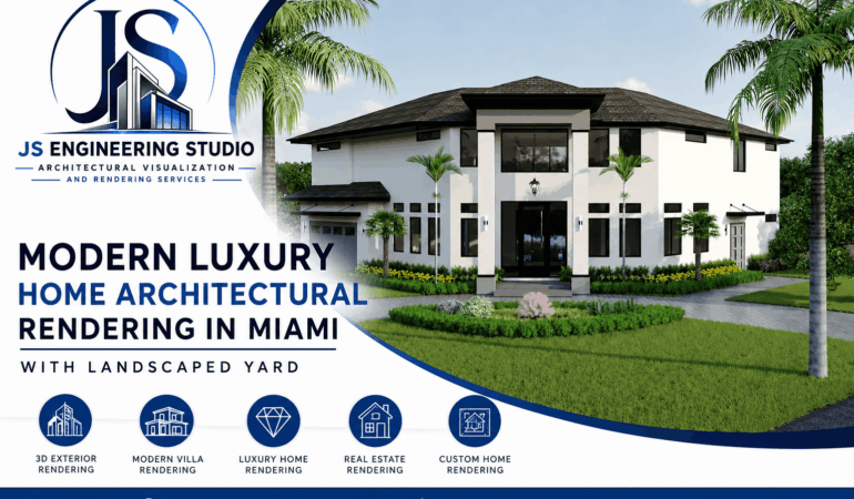Modern Luxury Home Architectural Rendering in Miami with Landscaped Yard