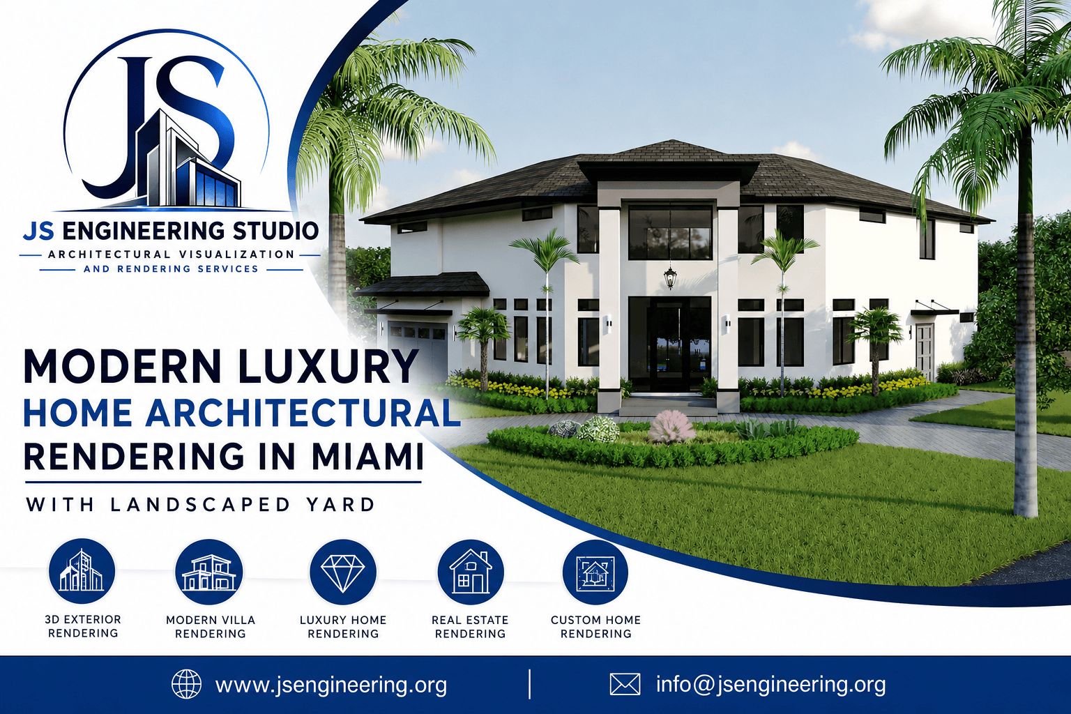 Modern Luxury Home Architectural Rendering in Miami with Landscaped Yard
