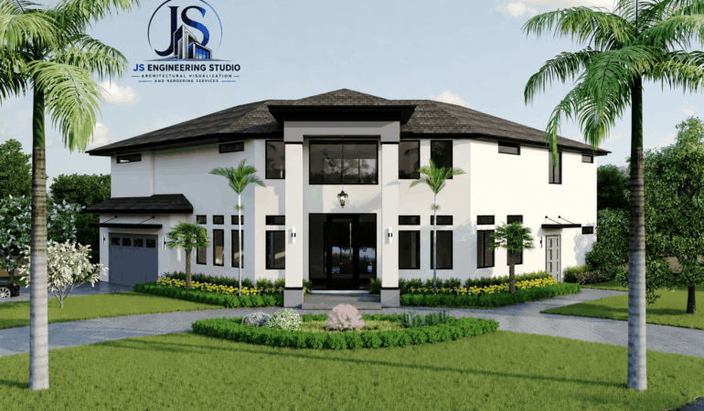 Modern Luxury Home Rendering with Landscaped Yard Rendering in Miami Florida | JS Engineering Studio