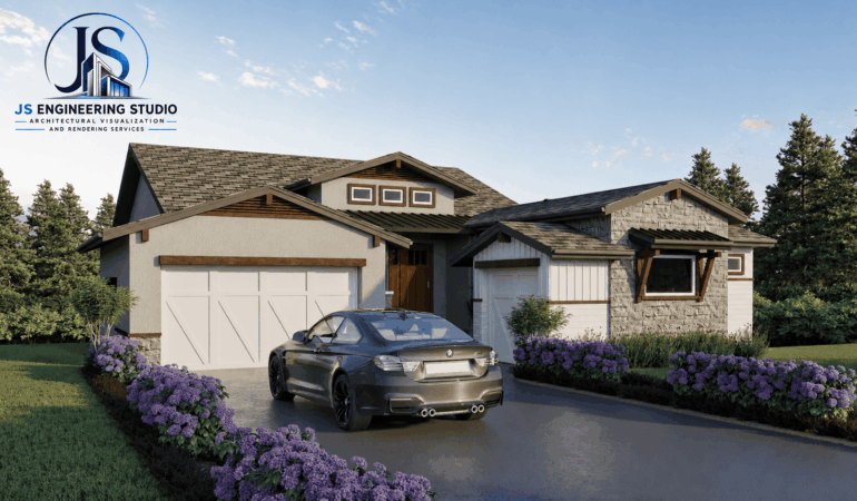 Modern Residential Suburban House Exterior Rendering