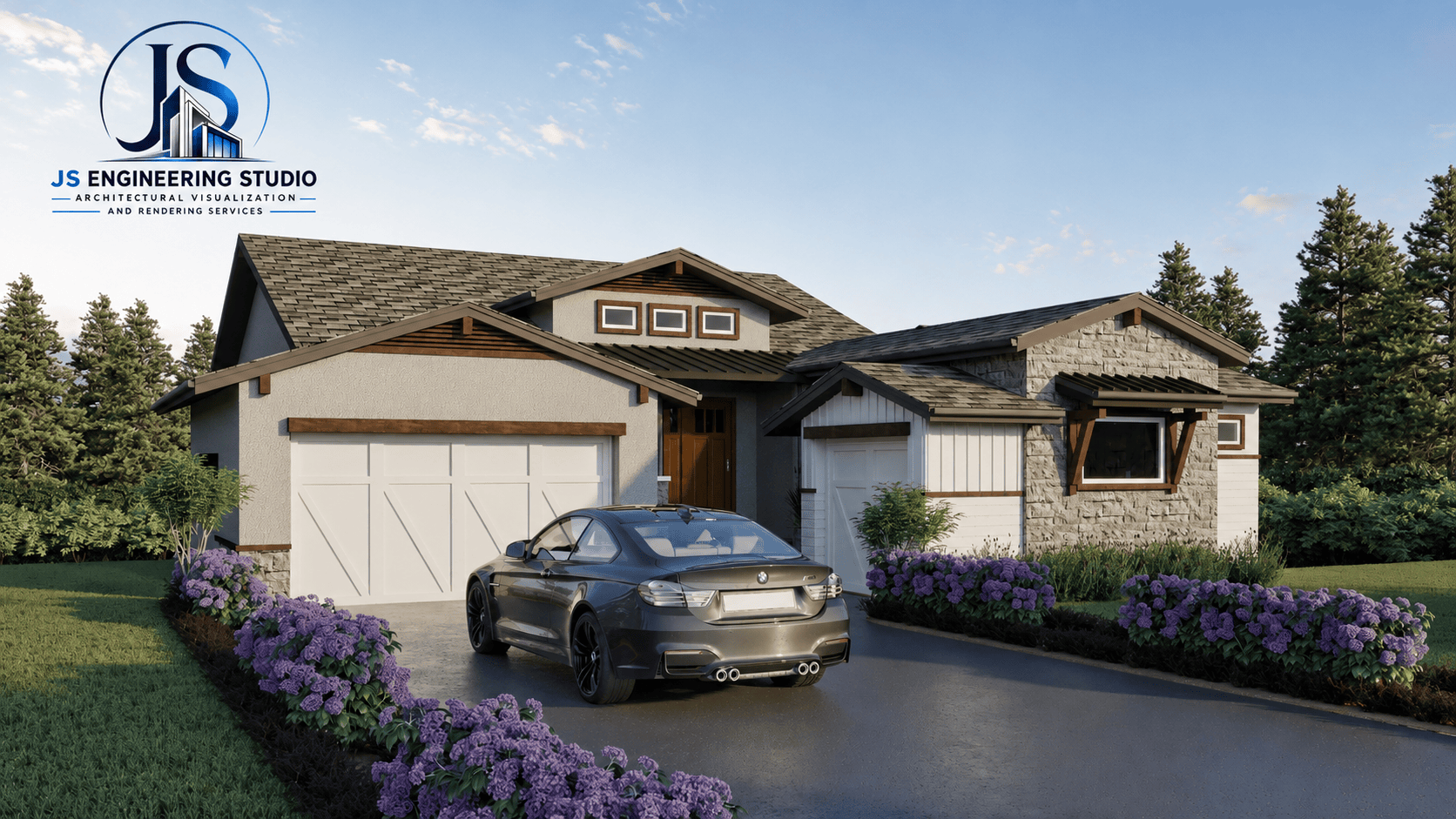 Modern Residential Suburban House Exterior Rendering