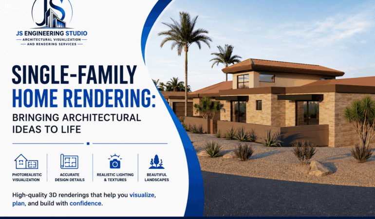Photorealistic single-family home rendering showcasing modern residential exterior design by JS Engineering Studio.