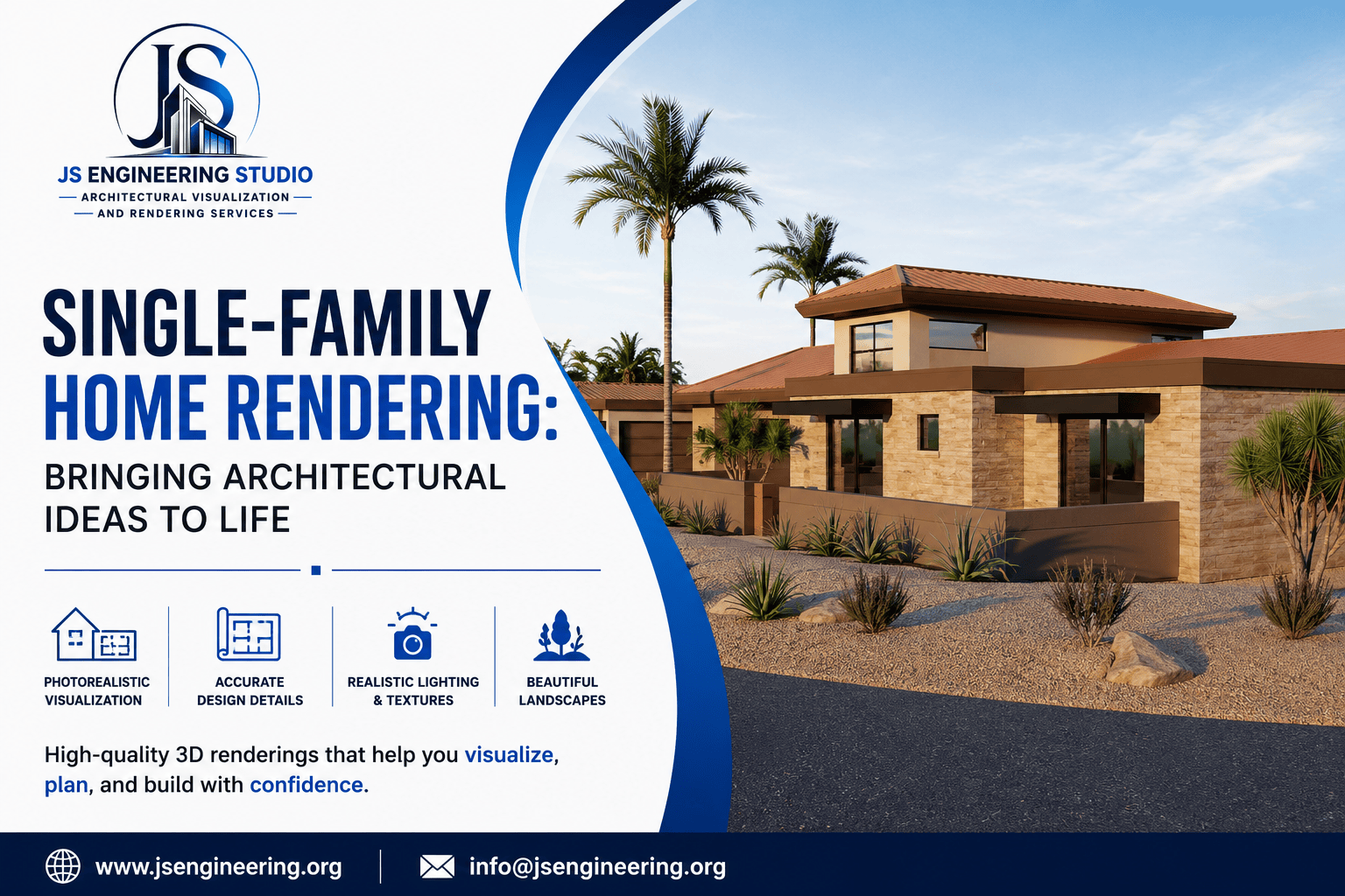 Photorealistic single-family home rendering showcasing modern residential exterior design by JS Engineering Studio.