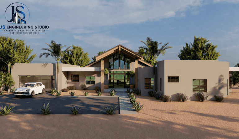 Phoenix, AZ: Modern Desert Home Exterior 3D Rendering Modern home exterior 3D rendering in Phoenix AZ by JS Engineering Studio