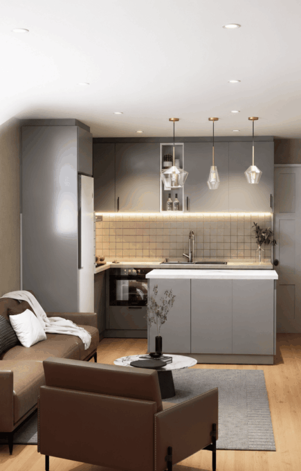 Photorealistic residential interior rendering featuring a modern open-concept living room and kitchen designed for a home in San Jose, California.