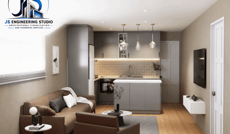 Modern Open-Concept Living Room & Kitchen Interior Rendering Photorealistic residential interior rendering featuring a modern open-concept living room and kitchen designed for a home in San Jose, California.