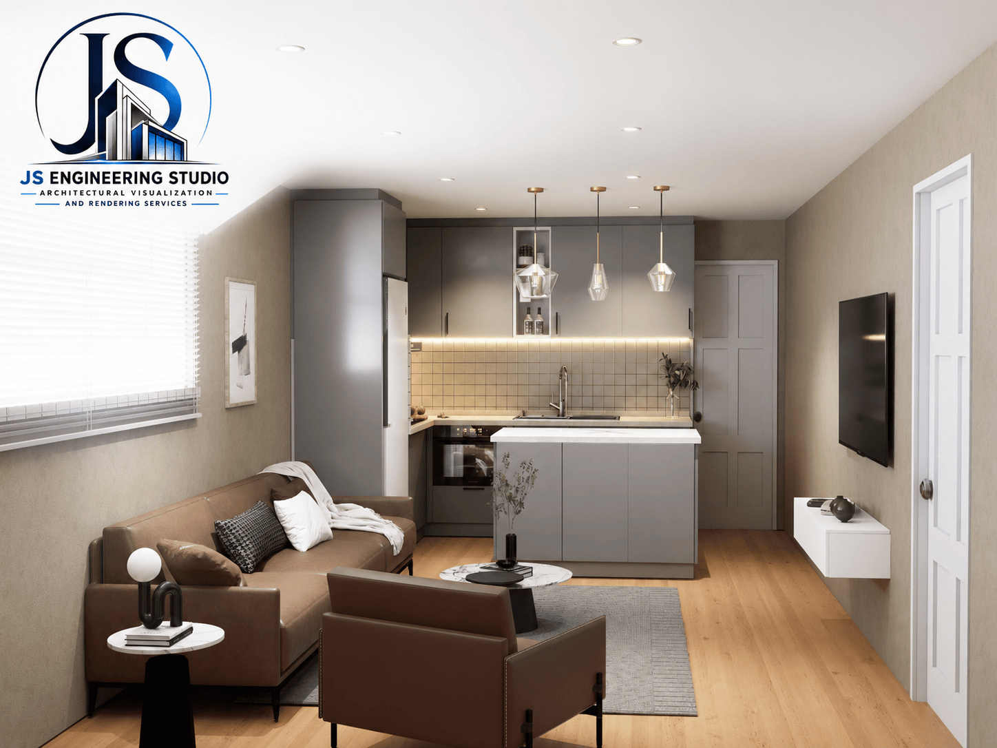 Photorealistic residential interior rendering featuring a modern open-concept living room and kitchen designed for a home in San Jose, California.