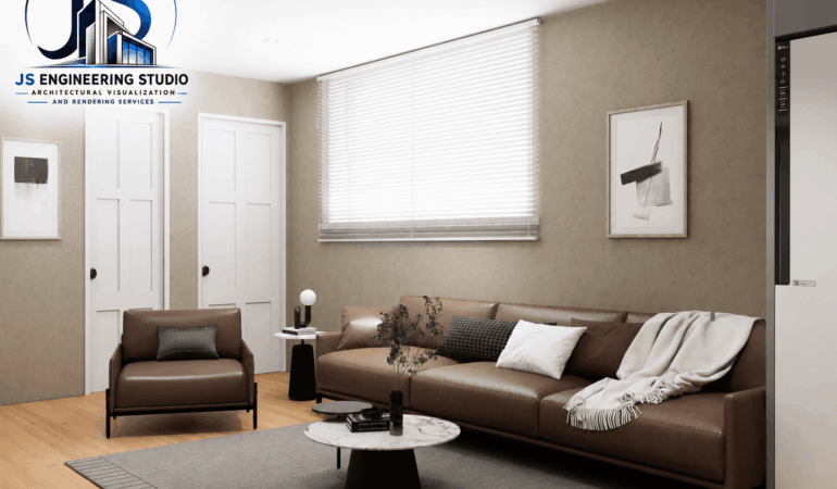 Contemporary Cozy Small Living Room Interior Rendering with Brown Leather Sofa Small Living Room Interior Rendering in San Jose, California with Contemporary Brown Leather Sofa – Photorealistic 3D Interior Visualization by JS Engineering Studio