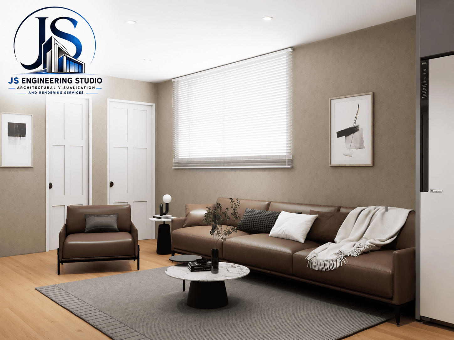 Small Living Room Interior Rendering in San Jose, California with Contemporary Brown Leather Sofa – Photorealistic 3D Interior Visualization by JS Engineering Studio