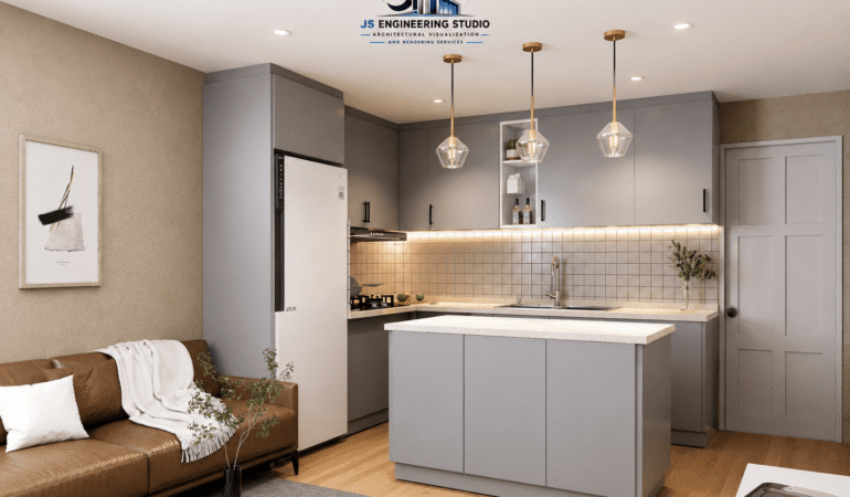 Modern interior rendering of an open-plan kitchen and living room in Dallas-Fort Worth Texas Interior Rendering Dallas-Fort Worth Texas