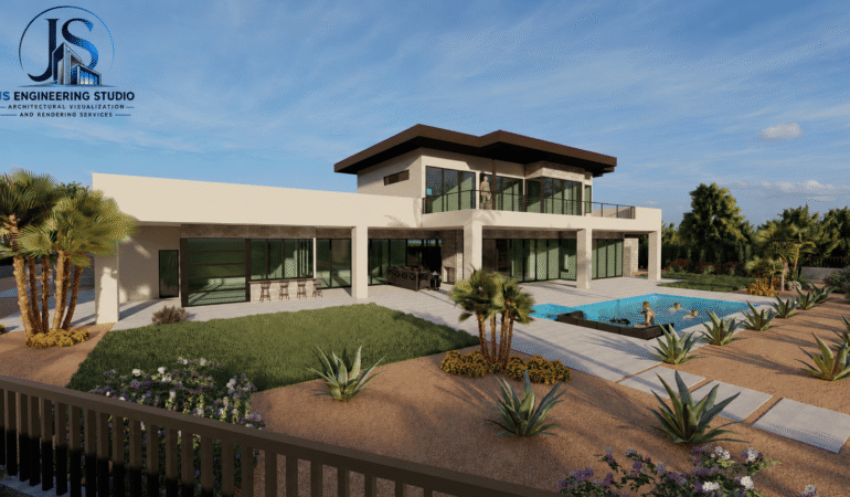 Modern luxury home 3D architectural rendering with pool and landscaping in Detroit Michigan