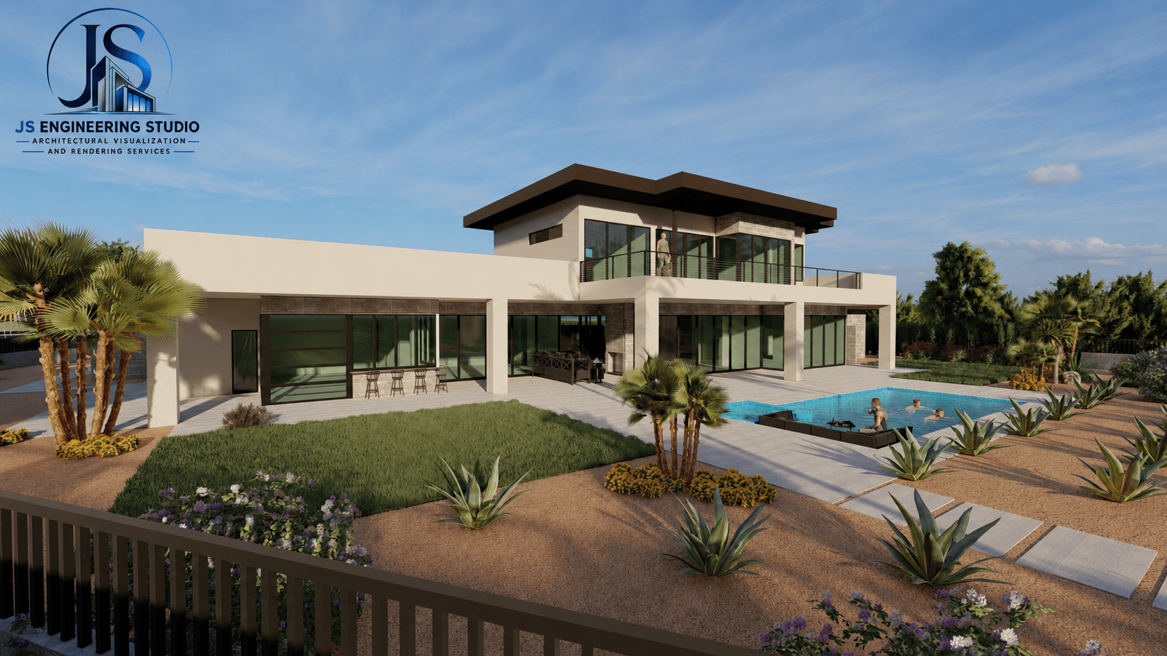 Modern luxury home 3D architectural rendering with pool and landscaping in Detroit Michigan