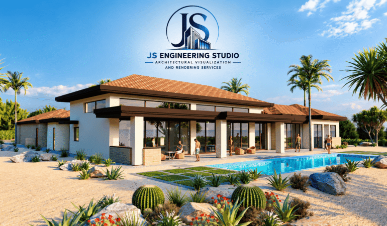 Desert luxury villa 3D exterior rendering with swimming pool and landscaped outdoor living area in Henderson, Nevada Luxury Villa 3D Rendering Henderson NV